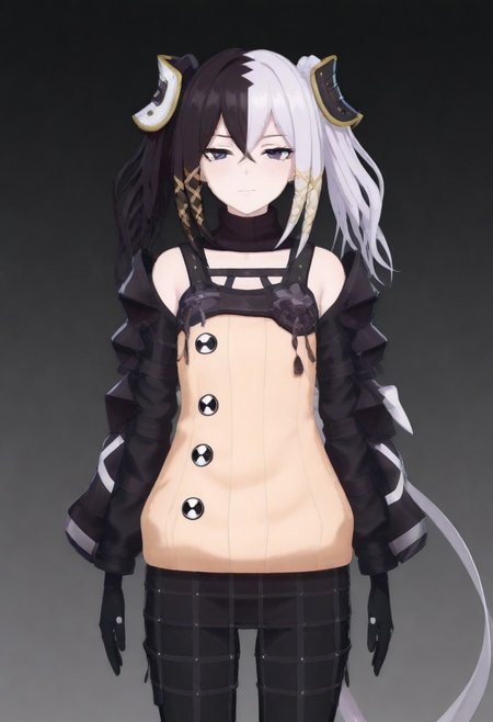 masterpiece, best quality, amazing quality,,, shiny skin,,,,,,<lora:Zesshi_Zetsumei:1> Z3ssh1Z3ts0m31, white hair, multicolored hair, black hair, long hair, two-tone hair, black eyes, gloves, jewelry, black gloves, hair ornament, skirt, pantyhose, ribbon,