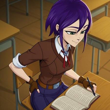1girl, solo,
absurdres, high quality, masterpiece, anime screencap, 8k, absurd res, cinematic lighting,
detailed face, looking down, smile, looking away, writing in a open book, 
in a classroom, hand on own hip, 
sitting on school chair, from above, 
<lora:Starling:1> starlingsh, purple hair, green eyes, fingerless gloves, school uniform,