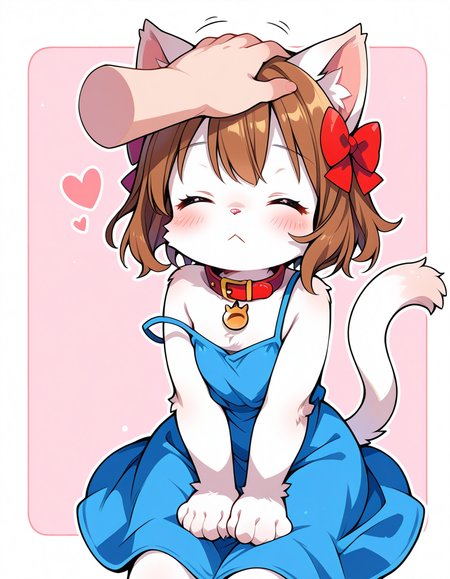 (score_9,score_8_up:1.1),score_7_up, high quality, 
Regalia6666, 1girl, animal ears, tail, furry female, furry, closed eyes, cat ears, short hair, sitting, headpat, body fur, brown hair, cat tail, dress, hair bow, bow, heart, blush, solo focus, :<, collar, disembodied limb, strap slip, cat girl, blue dress, red bow, white fur