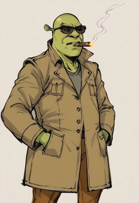 score_9, score_7_up BREAK sketch,shrek, green skin,male focus,simple background,trench coat,cigar, sunglasses,cowboy shot,military,hands in pockets <lora:Yoji:1>   <lora:Shrek_XLPD:0.8>