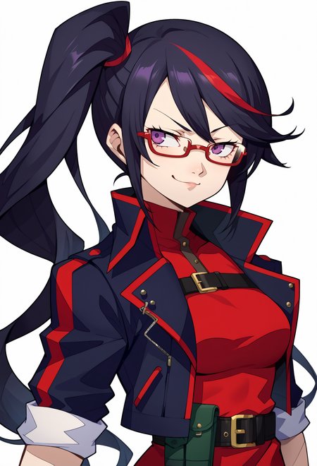 score_9, score_7_up, source_anime, BREAK <lora:zs_P3ReloadPortraitsXL:1> p3reloadportraits, portrait, white background,, smug smile, 1girl, purple eyes, red-framed eyewear, black hair, red colored tips, red streaked hair, very long hair, side ponytail, tied hair, medium breasts, red colored tips, jacket on shoulders, red dress, sleeves rolled up, fingerless gloves, holster,black coat,