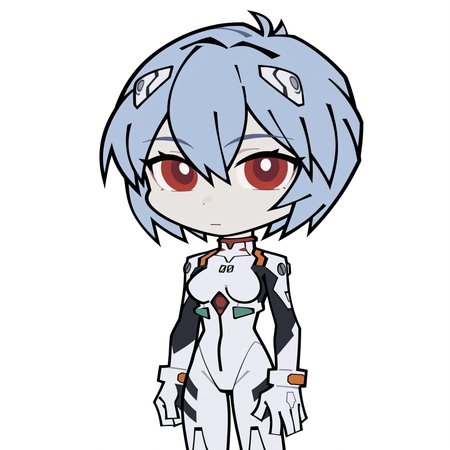 highres, hi res, best quality, masterpiece, 2d,
1girl, solo, female, bangs, blue hair, hair between eyes, pale skin, red eyes, short hair, ayanami rei, 
plugsuit, mecha pilot suit, bodysuit, 
cowboy shot, looking at viewer, chibi, meme, parody, flat color,
depth of field, white background, simple background, <lora:ZZZ_Stroll_Sticker_ILXL:1>