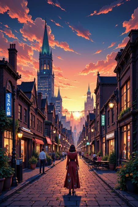 a retro vintage city beautiful anime landscape, evening, woman, very intricate, very detailed, sharp, bright, colorful, <lora:Hand v2:0.5> <lora:Anti-Blur:1><lora:Insane Detail Slider:0.25>  <lora:flux.1_lora_flyway_Epic-detail_v2:0.3> <lora:fluxenhancer:0.25> <lora:ROWER:0.6> <lora:flux-charmer-v1-1:0.4> <lora:Colorful_Fantasy_Art_for_FLUX:1> fantasy art