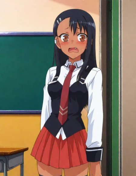 anime screencap, masterpiece, best quality, school classroom,
<lora:IjiranaideNagatoro_Nagatoro_IlluXL:1>,
1girl, solo, open mouth,  fang, nervous,  dark skin, looking around,
long hair, black hair, asymmetrical bangs, brown eyes, hairclip, earclip,
standing, looking at viewer, cowboy shot, 
<lora:bb_uniform_ilxl_v1:0.8> BB_Uniform, school uniform, black vest, white shirt, sleeve cuffs, red necktie, pleated skirt, red skirt, black thighhighs