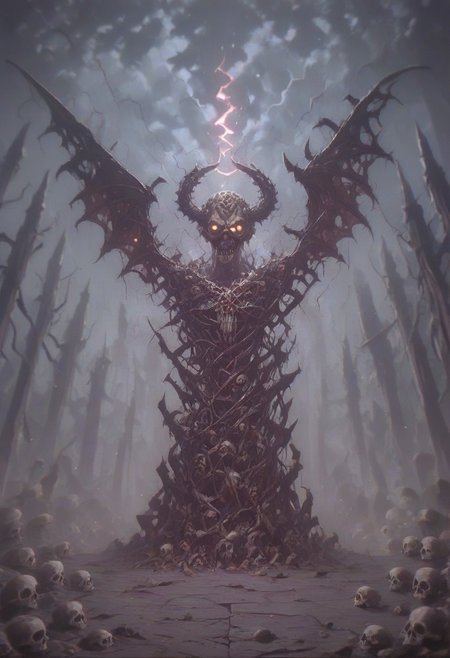 score_9, score_8_up, score_7_up, slimes_skullwm, hell background, (angel) made of skulls, angel wings, flame, dark, blood, lightning, Vintage, 1990s \(style\),   darkness, chaos, [smoke], light and shadows by reij-shdwgms