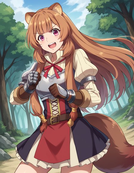 score_9, score_8_up, score_7_up, source_anime,
raphtalia, <lora:raphtalia-ponyxl-lora-nochekaiser:1>,
raphtalia, long hair, bangs, brown hair, animal ears, raccoon ears, raccoon tail, raccoon girl, pink eyes, smile,
long sleeves, sweater, ribbed sweater, puffy sleeves, breastplate, ribbon, red ribbon, gauntlets, glove, brown gloves, belt, skirt, armor,
outdoors, forest, nature, sword, weapon, holding weapon, fighting stance, shouting,
looking at viewer, cowboy shot, dutch angle, dynamic pose,