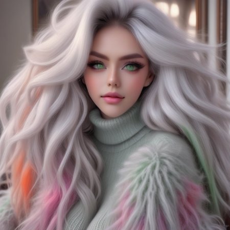turtleneck, white hair, green eyes, grey eyes, white sweater, breasts, mohair sweater, blurry, long hair, multicolored hair, upper body, eyelashes, sweater