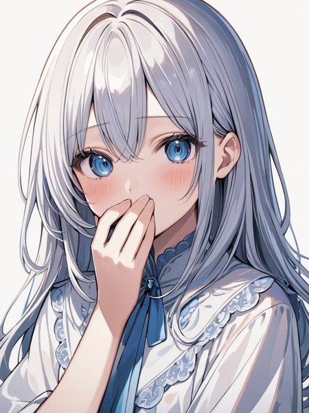masterpiece,ultra-detailed,best quality,8K,illustration,cute face,clean skin ,shiny hair,girl,ultra-detailed-eyes,simple background, <lora:add-detail-xl:1>   <lora:hand over own mouth_XL_V1.0:1> hand over own mouth, covering own mouth, blush