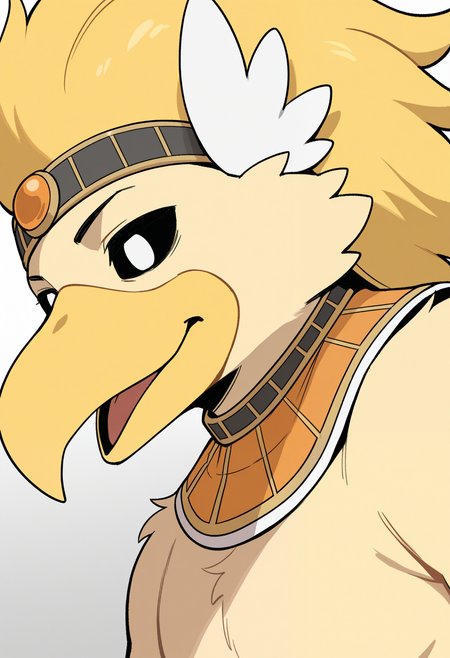 masterpiece,best quality,amazing quality, 1boy, solo, r4wk, bird boy, yellow fur, black sclera, white eyes, headband, usekh collar, close up, side angle, 