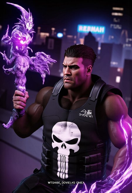 high angle camera view from above and at a distance, realism, perfection style, bosstyle, skin texture style, Photo Quality Frank Castle Male Face with a stubbled Black beard, Caucasion Skin, Chort Black Military style haircut, detailed, facial expression style, High details face, High detailed Eyes, Full Body view, The Punisher Battle Worn White dirty Skull Motif painted on the chest of his Man in Gothic armour, futuristic, Jet Black with Black Trim Exosuit, Heavy Mech, Dynamic Aggressive Combat Pose, Exosuit, Extremely Low V cut top, Power Armor, futuristic, Tactical Futuristic Samurai Sword, Perfect hand, Fighting a Dragon, Heavy Mech, Armor Color Jet Black with Black Trim and a dirty white Skull Motif painted on the chest, Robot, Full body, Ready to strike, futuristic, (off-center composition, left aligned, Portrait),  Detailed hand, battle-worn, Gothic Neon Cyberpunk Night City Cityscape Background, cinematic film still glamorous photo dark art by Rafael Zabaleta, expressionism art by Asger Jorn, vibrant, Abstract expressionism, experimental painting techniques, bold bright colors, dynamic compositions, Expressionism, emotive brushwork, brilliant tones, dramatic lighting, introspective themes. high fashion, luxurious, extravagant, stylish, sensual, opulent, elegance, stunning beauty, professional, high contrast, detailed. shallow depth of field, vignette, highly detailed, high budget, bokeh, cinemascope, moody, epic, gorgeous, film grain, grainy