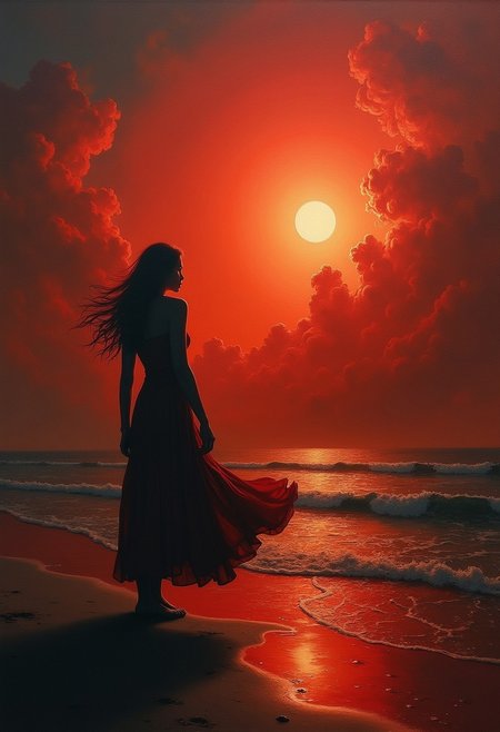 A captivating, dramatic scene in a painting that exudes mystery and foreboding. A fiery red sky, swirling clouds, and a crescent moon illuminate a solitary woman standing near the water's edge. Her long dress flows in the wind, silhouetted against the eerie glow. The water mirrors the fiery sky and moonlight, amplifying the uneasy atmosphere. The composition emphasizes the woman's isolation and vulnerability, with her outstretched arms reflecting longing or despair. This vibrant, cinematic work of conceptual art creates a haunting impression., conceptual art, painting, vibrant, cinematic