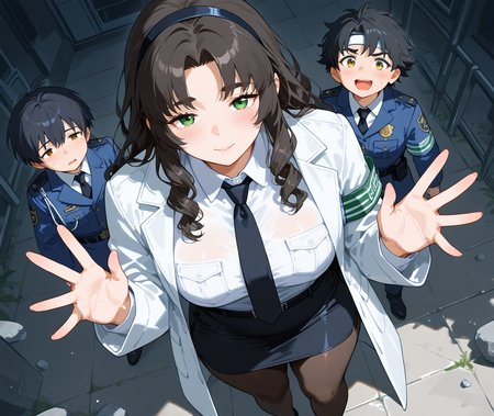 PonyScores7, source_anime, ah1, IllustriousQual, <lora:natsumi_style:0.5>, <lora:by_usakun-pony:0.4> by usakun, <lora:Akina_Bbw_Style_-_PonyXL:0.2> AkinBw
BREAK 1girl, mature female, (round face:1.2), (thick eyebrows:1.3), (curvy), round-chin, caucasian, (plump face), <lora:Round_face:0.2>, <lora:ETO_OCPonyXL:0.5> eto_oc, skindentation, (plump), thick thighs, wide hips, busty, voluptuous, lips, <lora:venus body PonyXL:0.4>, <lora:shinyskin2:0.2> glistening skin
BREAK  (((curly hair), long hair, (black hair:1.4), (parted hair:1.7), messy hair, kinky curls, <lora:hairdetailpxl:0.2> hairdetailpxl))
BREAK ((brown and green eyes), (brown_flecked_irises), (green_flecked_irises), (colorful eyes), (multicolored eyes), (downturned eyes:1.4), <lora:expressive eyes:0.5> expressive eyes, <lora:eyedetailpxl:0.2> eyedetailpxl, <lora:Eyes_High_Definition:0.3> EyesHD)
BREAK ((Grin,  <lora:Expressive_H:0.2> Expressiveh, <lora:Emotional_Anime_Expressions_PonyXL_Concept:0.2> emotional, <lora:Best_Facial_Expression_LoRA_PONY:0.2>, <lora:expresionesv3Rank128:0.2> expresiones, <lora:Detailed expressive EXEV style -XL Pony V1.0:0.2> FaceDetail))
BREAK ((using wardrobe))
BREAK Sunstone floating, floating object, floating rock, headband, hairband, hair ornament, jacket, necktie, breast pocket, police uniform, policewoman, collared shirt, black necktie, white shirt, belt, necktie, armband, pantyhose, pencil skirt, black belt, long sleeves, formal, suit, miniskirt, pocket, black pantyhose, skirt suit
BREAK (((A student participating in a science experiment with a lab coat and goggles)))
BREAK <lora:xl_more_art-full_v1:0.2>, <lora:aesthetic_anime_v1s:0.2>, <lora:EpicF4nta5yXL:0.2>, <lora:detailxl:0.2> detailxl, <lora:Fant5yP0ny:0.2>, best quality, amazing quality, best aesthetic, absurdres, illustration, Volumetric_Lighting, ultra-detailed, very aesthetic, intricate details, 8k, masterpiece, best_quality
BREAK (zoom_out:1.8), (Dutch Angle view Extreme Close shot, focus on feet)
BREAK Stable_Yogis_PDXL_Positives, AS-Adult, <lora:Complicated fantasy portrait - XL Pony V2.0:0.3>, bad-hands-5, <lora:HDA_Detailer:0.5>, HDA_FatGirlXL,