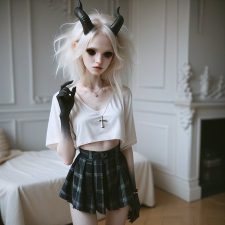 score_9_up, score_8_up, score_7_up, 
1girl, solo, <lora:bdemonpony011:1>, colored skin, pale skin, white skin, black hands, black feet, pitch black eyes, monster girl, skinny, anorexic, slim, horns, white hair,  
chain necklace, cross necklace, bracelets, white shirt and plaid skirt, 
indoors, dark black room, music decorations, 80's punk style, solo,  <lora:Skin Color_alpha1.0_rank4_noxattn_250steps:-1.5>