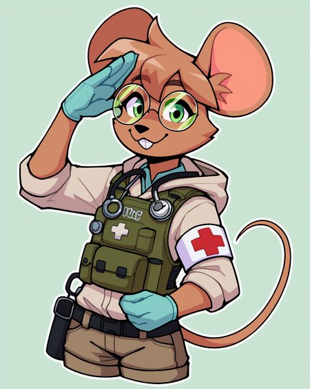 score_9_up, score_8_up, score_7_up, score_6_up, by remanedur, furry female, half-length portrait, mouse, green eyes, body armor, round glasses, stethoscope, brown hair, armband, tail, brown fur, black thigh highs, buckteeth, gloves, medic, cargo shorts, (salute), looking at viewer, hoodie, uniform, short hair, happy, smile, solo, three-quarter view, simple background, white outline <lora:Leah_Pines(AIM)_XL_v1:0.15> <lora:PDXL_artist_tags_v2_big:0.5> <lora:The-Minuscule-Task_PDXL_v1.0:0.6>   <lora:Diana_Engel_v2_WirelessShiba:0.65>