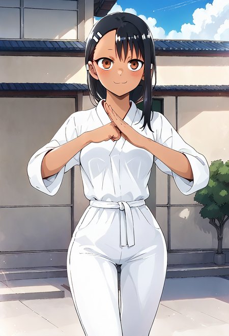 (fist-palm salute), score_9, score_8_up, score_7_up, source_anime, ultra detailed, 
Generate a picture of a girl making fist-palm salute in a big garden in front of a big traditional Chinese building, she is wearing a yin_yang_print robe, white pants, barefoot, looking at viewer seriously,  (fist and palm folded in front), front view,
 nagatoro hayase, (dark-skinned female), 1girl has black long hair with hairclip and  hair ornament, (dark skin), medium breasts, plump and glamor body with narrow waist, round face with brown eyes, low ponytail, 
 <lora:nagatoro_clean:1>,<lora:fist-palm_salute_Pony:0.8>