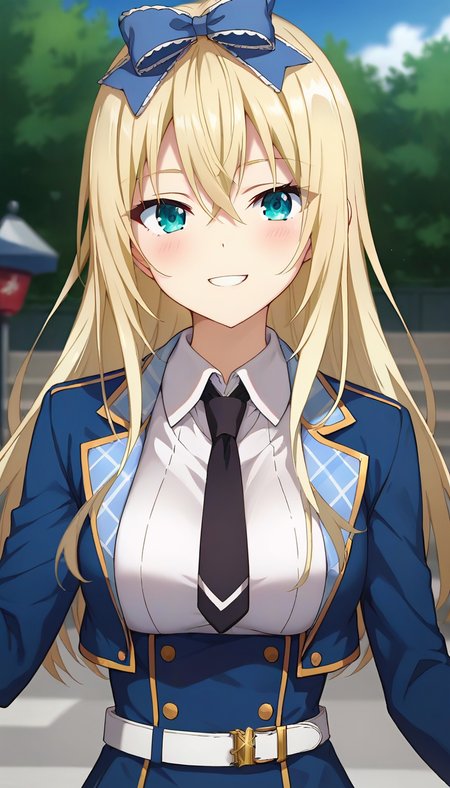 score_9,score_8_up,score_7_up,score_6_up BREAK official art,solo,outdoors,upper body,(portrait:1.5),looking at viewer,facing viewer,smile,blush,Fenris Edelritz,long hair,blonde hair,hair bow,blue bow,sidelocks,hair between eyes,aqua eyes,blue jacket,cropped jacket,open jacket,wing collar,black necktie,white shirt,collared shirt,dress shirt,long sleeves,medium breasts,double-breasted,white belt,blue skirt,high-waist skirt,pleated skirt,frilled skirt,brown pantyhose,loafers,black footwear,<lora:Fenris Edelritz(sgmt)-Pony:1.2>,