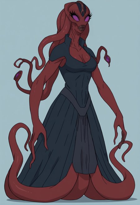 score_9, score_8_up, score_7_up, score_6_up, score_5_up, score_4_up, 1girl, <lora:LucyGOTG:0.85> solo, colored skin, red skin, purple eyes, no pupils, eyelashes, lips, monster girl, alien, tentacles, tentacle hair, dress, cleavage, full body, standing, 
(light blue background), simple background,