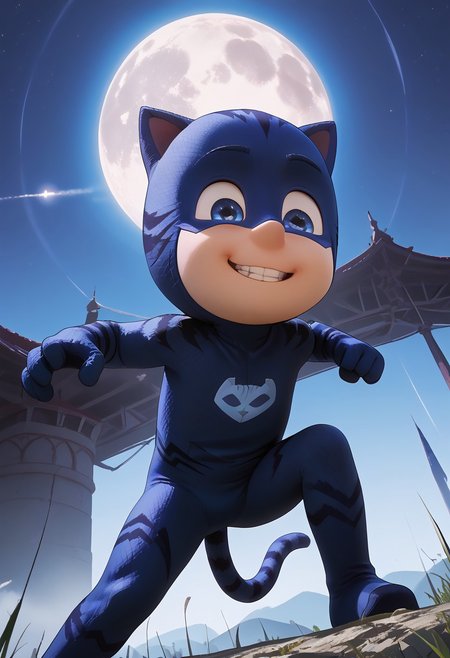 (score_9, score_8_up, score_7_up), highly detailed, cute boy, masterpiece, best quality, high quality, detailed, round face, round eyes,  petite, flat chested, aged down, cute, kawaii, short, 1boy, solo, Catboy Costume, Blue Eyes, Cat Ears, Tail,  low angle view, mid-air pose, fighting pose, jumping, mid air, foreshortening, dynamic view, dutch angle, smug smile, teeth, perfect detail, perfect eyes, perfect face, perfect mouth, night time, moonlighting, moon in background, natural lighting, (ray tracing, good shadows)