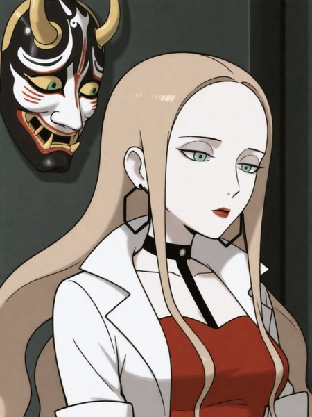 ILXLpos,zzOleana, green eyes, blonde hair, long hair, red lips,hoop earrings, black choker, red shirt, black pencil shirt, white coat,upper body,holding a hannya mask,<lora:Oleana:0.8>,<lora:Hannya IL:0.8>