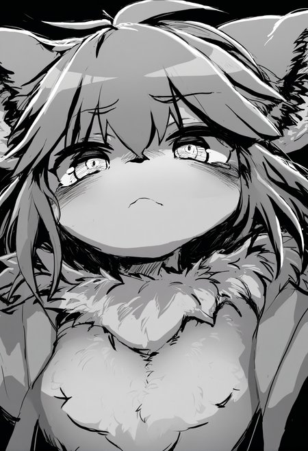 masterpiece, hyper detailed, best quality,(furry:1.3),1girl, solo, white background, looking at viewer, upper body, simple background, bangs, monochrome, closed mouth  ,<lora:DAGASIXLlokr8f-000188:0.95>