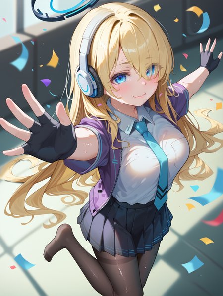 1girl, 
dynamic angle, depth of field, solo, breasts, pantyhose, jacket, wavy mouth, standing, blurry, blurry background, open jacket, open clothes, skirt, long hair, pleated skirt, brown pantyhose, blue necktie, halo, very long hair, blue eyes, gloves, closed mouth, fingerless gloves, shirt, medium breasts, black gloves, white shirt, collared shirt, looking at viewer, hair over one eye, short sleeves, sweat, purple jacket, standing on one leg, necktie, black skirt,
A young girl with long blonde hair and blue eyes. she has a pair of headphones around her neck and is holding a book in her left hand. the background is filled with colorful confetti and streamers, creating a festive atmosphere. the girl appears to be dancing or celebrating, with her arms stretched out to the sides and a big smile on her face.
score_9, score_8_up, score_7_up, source_anime
 <lora:style019:1.0>