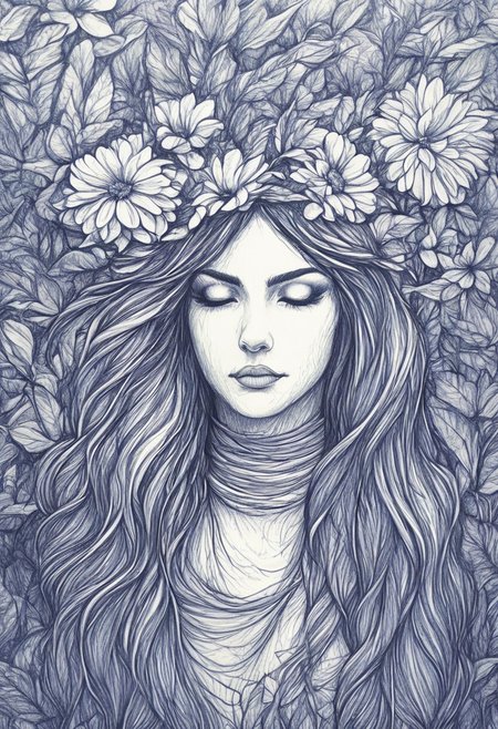 novuschroma42 style ballpoint pen drawing, a forest nymph, looking at the viewer, long hair, nature, forest, grass, flowers, petals, best quality