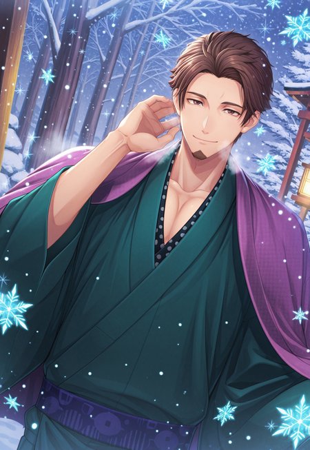 solo, masterpiece, detailed, ultra hd, best quality, 1boy, male, official art, w0lfc0nf, modern, new, masculine face, daddy looking face

ARROji, brown hair, brown eyes, goatee, green kimono, green kimono with purple coat, outside, snowing, snowflakes, dutch angle, smiling. close up, snow particles, headshot,