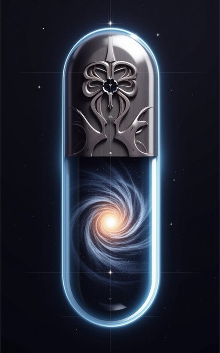 YFG-SRS, Highly detailed image of a synapse galaxy in space, ethereal, delicate, grim, encapsulated inside of a crystal pill, extremely high quality image, HDR, fantasy, photo  Centered in Perfect Composition, Complex Details Showing Unique and epic Elements, Very Detailed Digital Painting, Dramatic Lighting, Very Realistic, dark space, dark fantasy.