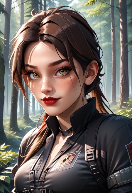 Score_9, Score_8_up, Score_7_up, BREAK, AliasCODMXL, lipstick, hazel eyes, brown hair, multicolored hair, ponytail, split bangs, black choker, medium breasts, harness, black shirt, rolled sleeves, individual focus, seductive smile,  look at the viewer, forest,full body <lora:AliasCODMXL:0.8>