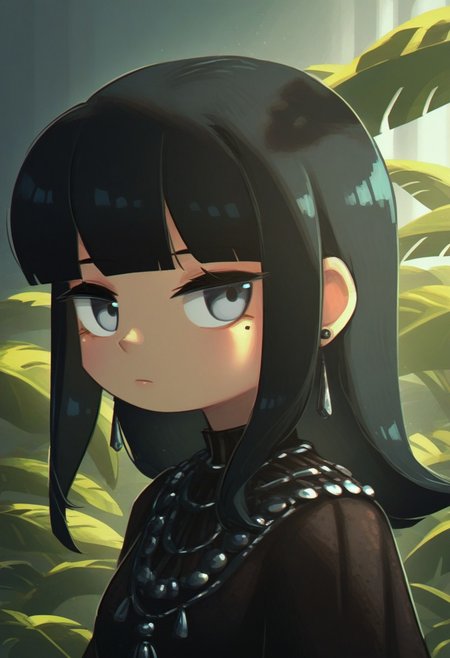 PRFRV Style, atmospheric lighting, 1girl, solo, black hair, looking at viewer, mole under eye, jewelry, earrings, bangs, mole, blunt bangs, long hair, plant, closed mouth, upper body, grey eyes