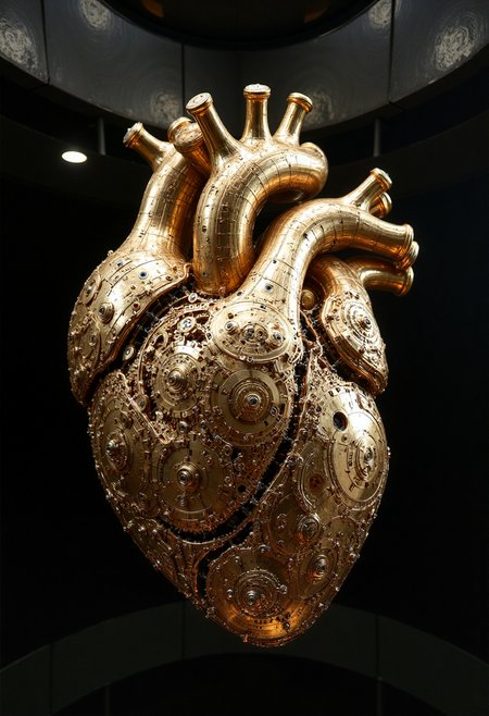 　A human heart, crafted entirely from intricate clockwork gears and cogs, beats rhythmically in the center of a darkened chamber. The gears, made of polished brass and shimmering silver, rotate and mesh with precision, their movements creating a mesmerizing dance of light and shadow.  Delicate springs and levers, mimicking the valves and arteries of a real heart, pulse with each beat. The chamber is filled with the soft ticking and whirring of the clockwork mechanism, a symphony of mechanical life. This image captures the beauty and complexity of the human heart, reimagined as a marvel of clockwork engineering, a testament to the delicate balance between life and machine.