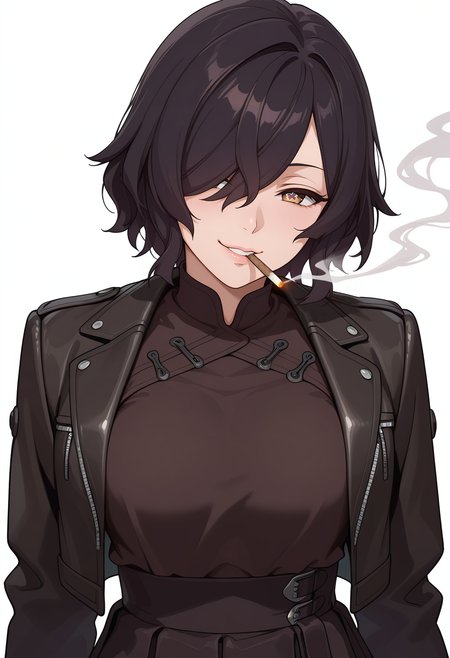 Smooth Quality,masterpiece,very intricate, high quality details, ultra realistic, high detailed skin,detailed enviorement,absurdres,
simple background, white background,
smirk, one corner of the lips raised, narrowed eyes, tilted head, playful gaze,,front view,
cropped jacket, ,smoking jacket,  ,high-waist skirt,  , <lora:Kiclacnn:0.7> Kiclacnn, 1girl, black hair, brown eyes, symbol-shaped pupils, short hair, hair over one eye,