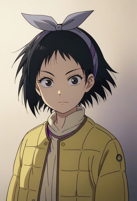 Totori, short hair, black hair, black eyes, yellow jacket, purple hairband, <lora:HeavenlyDelusion:1>,