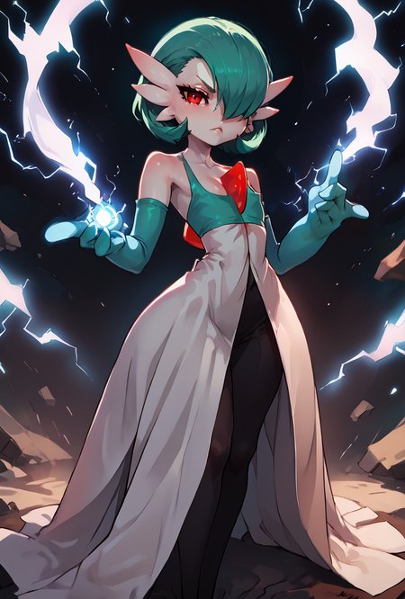 score_9, score_8_up, score_7_up, score_6_up, score_5_up, score_4_up, <lora:gardevoir_v2:1> gardevoir, white dress, creature, game freak, nintendo, pokemon, bangs, colored skin, female focus, flat chest, gen 3 pokemon, green hair, green skin, hair over one eye, multicolored skin, red eyes, short hair, two-tone skin, white skin, serious face, pointing finger at viewer, full body, <lora:Super_Saiyan_4_Goku_Anime:1>,  <lora:asanagiArtistStylePonyxl_loraLocon:0.8>, <lora:incase-ilff-v3-4:0.8>, <lora:BoldCAT_P3:1>, energy, aura, electricity, black orb, highly detailed, absurdres,