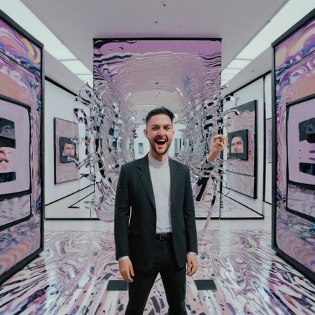 The supremacy of mankind, a glitch art installation showing a man laughing maniacally in a shattered mirror of his own reflection