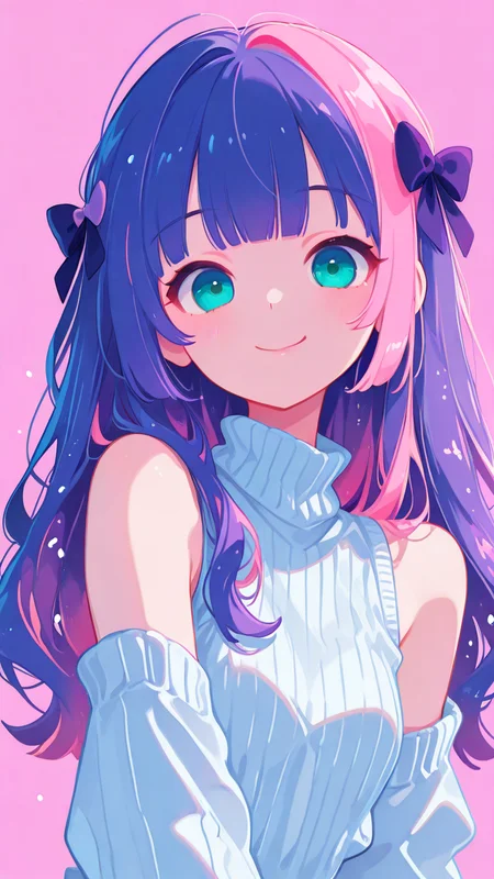 masterpiece, best quality, good quality, newest, highres, absurdres, flat, minimalist style, 1girl,solo,long_hair,looking_at_viewer,smile,bangs,simple_background,bow,bare_shoulders,blue_hair,upper_body,pink_hair,purple_hair,hair_bow,multicolored_hair,sleeveless,tongue,tongue_out,blunt_bangs,two-tone_hair,aqua_eyes,sweater,turtleneck,:p,ribbed_sweater,:q,colored_inner_hair,turtleneck_sweater,white_sweater,sleeveless_turtleneck,sleeveless_sweater, <lora:TQ_Iridescent_Fantasy_Creations:0.8> <lora:MJ52:0.5> <lora:xl_more_art-full_v1:1> <lora:114558v4df2fsdf5:1>  <lora:illustrious_very_aesthetic_v1:0.5> <lora:XXX477:0.2>  <lora:sowasowart_style:0.3>   <lora:illustrious_flat_color_v2:0.6>  <lora:haiz_ai_illu:0.7>  <lora:checkpoint-e18_s306:0.75>