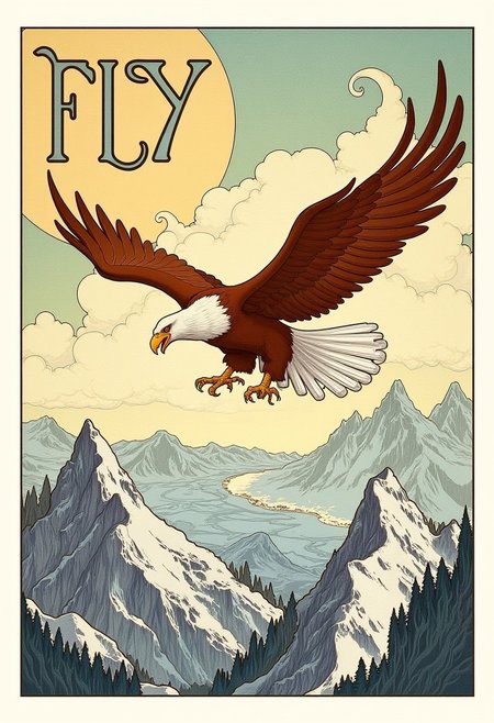 Majestic eagle soaring over snow-capped mountains, poster with the text “FLY”, visual flourishes of swirling wind and clouds, illustration in the style of ARTNV