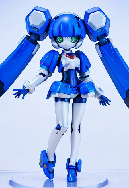 masterpiece, score_9, score_8_up, score_7_up, EasyNegative_v2, 
(best quality:1.1),ultra-detailed, high resolution, super detailed skin, beautiful detailed eyes, nsfw, Brightly Lit, Highly Visible, 8k, sharp focus, beautiful, perfect lighting, beautiful eyes, anatomically correct, anatomically correct face, extremely detailed eyes, smooth edges, beautiful face, symmetrical eyes, symmetrical face, 
(standing, Full-body view:1.2), 
1girl, cute girl, blazermate, (robot girl, android:1.3), (roaot eyes, green eyes, blue hair, twin tails, no mouth:1.2), (colored skin, robot skin, white skin, blue skin, robot joints:1.5), 
(simple background, white background:1.2), (solo focus:1.5), 
(looking at viewer:1.5),  (figurine:1.5),