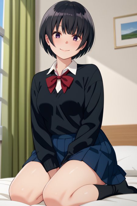 score_9, score_8_up, score_7_up, source_anime, rating_safe, intricate details, anime screencap, official style, 1girl, solo, <lora:Yukiko:1>, yukiko, black hair, short hair, purple eyes, school uniform, black sweater, collared shirt, red_ribbon, blue skirt, pleated skirt, thighs, black socks, looking at viewer, smile, indoor, kneeling, on bed, hands down, full body