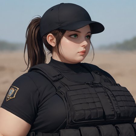 <lyco:SyMix_Pony_v05a02:1>, score_9, score_8_up, score_8, solo, 1 woman, adult, <lora:add-detail-xl:1>,  <lora:EthicaXL:0.5>, fat ethica plate carrier, short sleeve black top, midriff, low rise black pants, black tactical belt, black fingerless gloves, ponytail, black baseball hat, ssbbw, double belly, love handles, ballistic vest, tactical vest, body armor, military base, close up