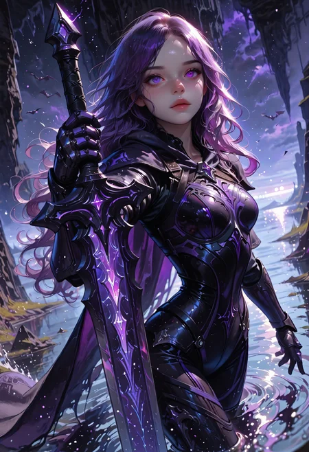 masterpiece, best quality,high quality, newest, highres,8K,HDR,absurdres, NightL40K, 1girl, power armor, solo, long wavy hair, heterochromia, purple eyes, enchanted sword, floating bats, intricate patterns, ethereal glow, holding sword, armored gauntlets, high fantasy, flowing cape, standing on water, gothic motifs, purple and dark palette, gothic symbols, moonlit background, misty environment, depth of field, dramatic lighting, mystical aura, detailed background, dynamic pose, foreshortening, fantasy illustration, glowing runes, limited palette, elegant battle stance, cinematic shot., detailed background, dynamic pose, dynamic composition,dutch angle, detailed backgroud,foreshortening,blurry edges 
<lora:DetailedEyes_V3:1> <lora:USNR_STYLE_ILL_V1_lokr3:0.45> usnr <lora:ponyv6_noobV1_2_adamW:0.9> <lora:GENESIS_MK0.2:0.5>  <lora:KoreanStyleSDXLvpred10:1> AiKoreanStyle, lips, korean, asian <lora:KRGRL-IL:1>