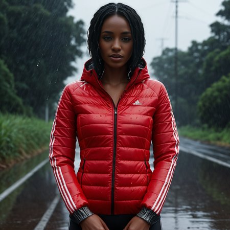 (dark cinematic still, dark vibes) sexy slim skinny one african women ,unique, wearing a hooded red and silver   from high collar and tsh cuffs black adidas_puffer_jacket, unique hair styles, 8k uhd, dslr, high quality, photorealistic, realism, hyperrealism,  ((heaving rain water droplets wet scene)) 
<lora:adidas_puffer_jacket_v1:0.6> <lora:add-detail-xl:3>