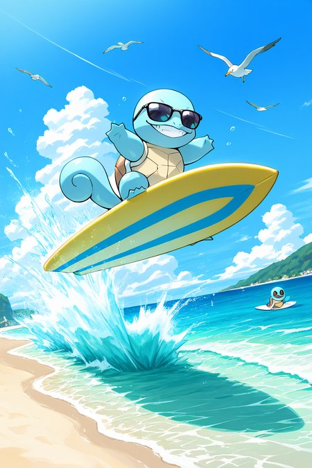 masterpiece, best quality,   <lora:SquirtlePokedexIXL:1.0>,   zzSquirtle, surfboard, riding a massive wave, tropical ocean, sunglasses, casual grin, beach in the distance, seagulls flying, water spray, extreme sports, sunny day