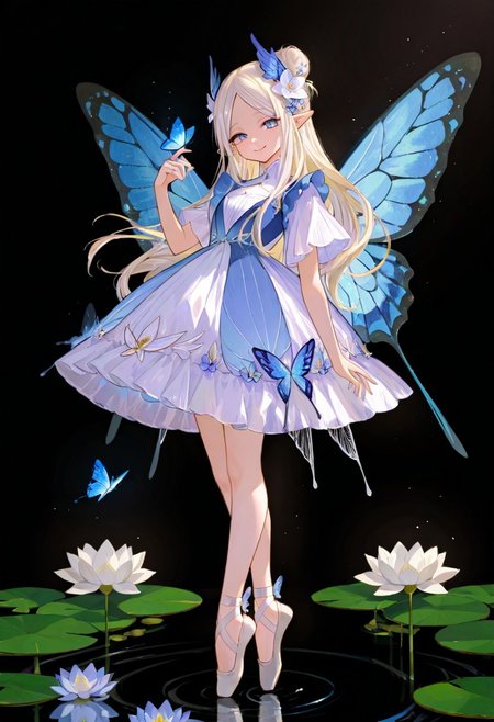 masterpiece, best quality, good quality, very aesthetic, absurdres, newest,1girl, solo, long hair, looking at viewer, smile, blue eyes, blonde hair, hair ornament, dress, closed mouth, standing, full body, white hair, flower, short sleeves, wings, pointy ears, hand up, hair flower, white dress, hair bun, water, high heels, parted bangs, bare legs, blue dress, white footwear, white flower, single hair bun, black background, bug, head wings, butterfly, light particles, blue flower, fairy wings, fairy, tiptoes, dark background, ripples, insect wings, blue butterfly, butterfly wings,  wing hair ornament, lily pad, lotus, butterfly on hand, ballet slippers, glowing butterfly, 748cmstyle
