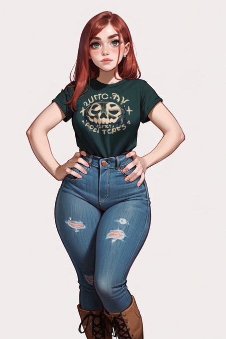 <lora:RealMix30:1>, score_9, score_8_up, score_7_up, score_6_up, score_5_up, rating_questionable, source cartoon
1girl, pretty face, pretty eyes, detailed eyes, HD eyes, thick thighs
hands on hips, standing, cowboy shot
looking at viewer, blush, eyebrows, long hair, red hair, green eyes jeans, green t-shirt, boots, high waisted jeans
simple background, white background