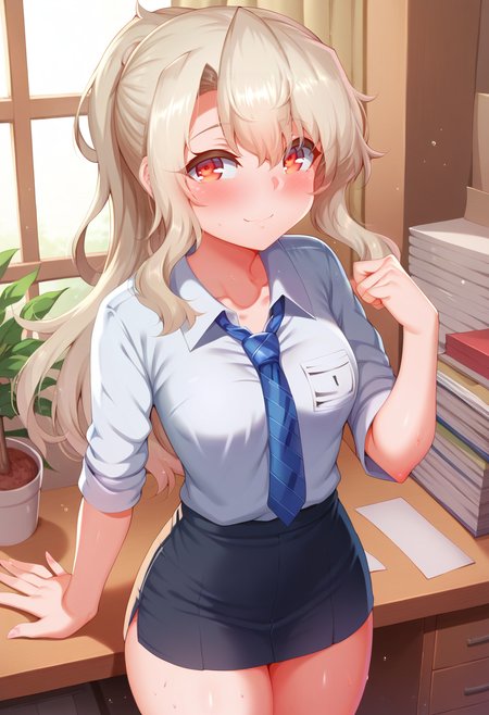 score_9, score_7_up, 1girl,red eyes, smug, office, whtie hair, medium breasts,long hair, bob cut, cowboy shot, standing, ponytail, Illya \(fate/kaleid liner prisma illya\), <lora:zirba-Style-PonyXL-Dora-000048:1>