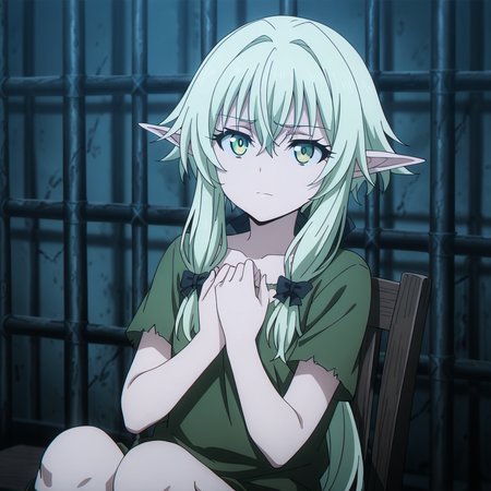 nsfw, masterpiece, best quality, amazing quality,1girl, solo, goblin_slayer_high_elf_archer, sitting, on chair, green eyes, eyes open, green hair, long hair, shirt, sidelocks, short sleeves, bow, hair bow, black bow, torn clothes, closed mouth, hands on own chest, hair between eyes, green shirt, collarbone, facing viewer, prison, <lora:High_Elf_Archer_-_Goblin_Slayer:0.7>