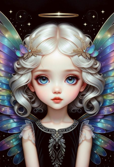 hyper detailed beautiful chibi sugar fairy, coherent delicate face, wavy luxurious hair, intricate iridescent wings, on black velvet canvas, centered composition, rule of thirds, drop shadowed, art by gorjuss, tim burton, margaret keane, charlie bowater, tom wood, keith garvey