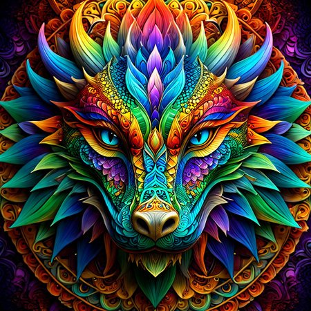 create a straight forward image of a dragons face made of intricate and complex mandala designs, extremely beautiful colors showing an aura of beauty, blend rainbow colors in an Ambre, UHD, 32K