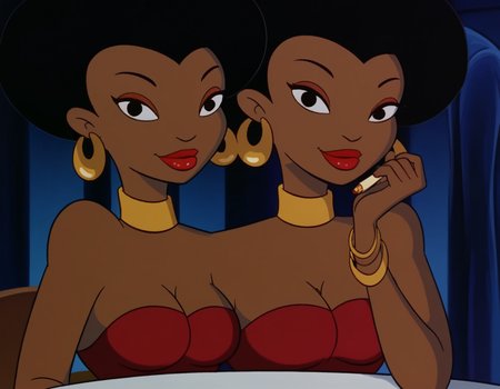 score_9, score_8_up, score_7_up, source_anime, <lora:sensational-sartori-sisters-ponyxl-lora-nochekaiser:1>, sensational sartori sisters, multiple girls, black hair, 2girls, medium breasts, dark skin, dark-skinned female, makeup, siblings, lipstick, sisters, very dark skin, lipstick,, dress, cleavage, bare shoulders, jewelry, earrings, choker, bracelet, strapless, red dress, hoop earrings, neck ring,, indoors, smile, looking at viewer, solo, sitting, head rest, table,, cowboy shot, dutch angle